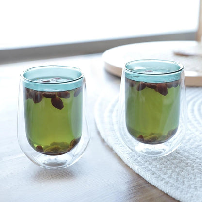 Kuber Industries 4 Pcs Double Walled Borosilicate Glass 190ml | Pack of 2 | Green