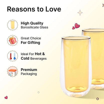 Kuber Industries 6 Pcs Double Walled Borosilicate Glass 240ml | Pack of 3 | Yellow