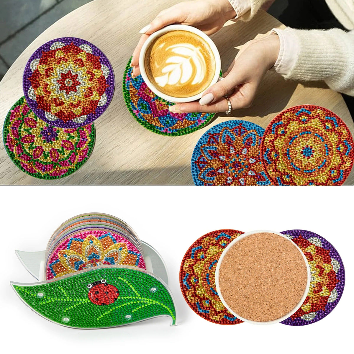 UMAI Ceramic Coasters Set of 6 with Holder 10cm Multicolor Dining Table Glass Cover Lid