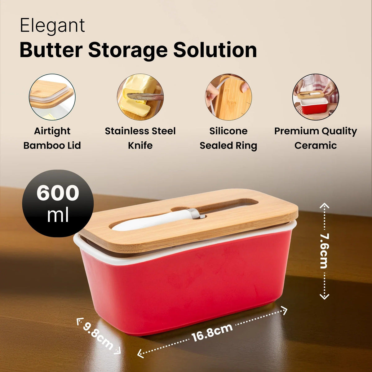 UMAI Ceramic Butter Dish with Lid and Knife 600ml Wooden Airtight Lid Silicone Ring Butter Cheese Box Red