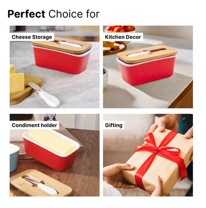 UMAI Ceramic Butter Dish with Lid and Knife 600ml Wooden Airtight Lid Silicone Ring Butter Cheese Box Red
