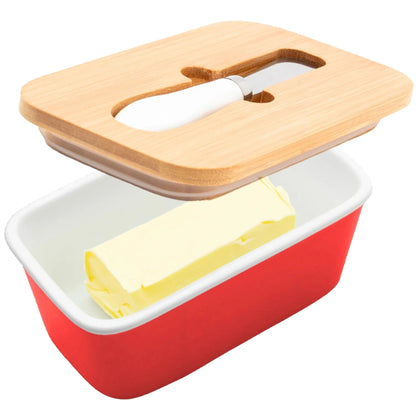 UMAI Ceramic Butter Dish with Lid and Knife 600ml Wooden Airtight Lid Silicone Ring Butter Cheese Box Red