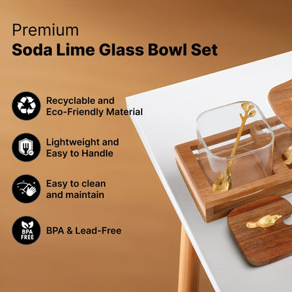 UMAI Platters Serving Set Wooden Tray + Spoon + 3 Glass Jars 380ml Each Snacks Set