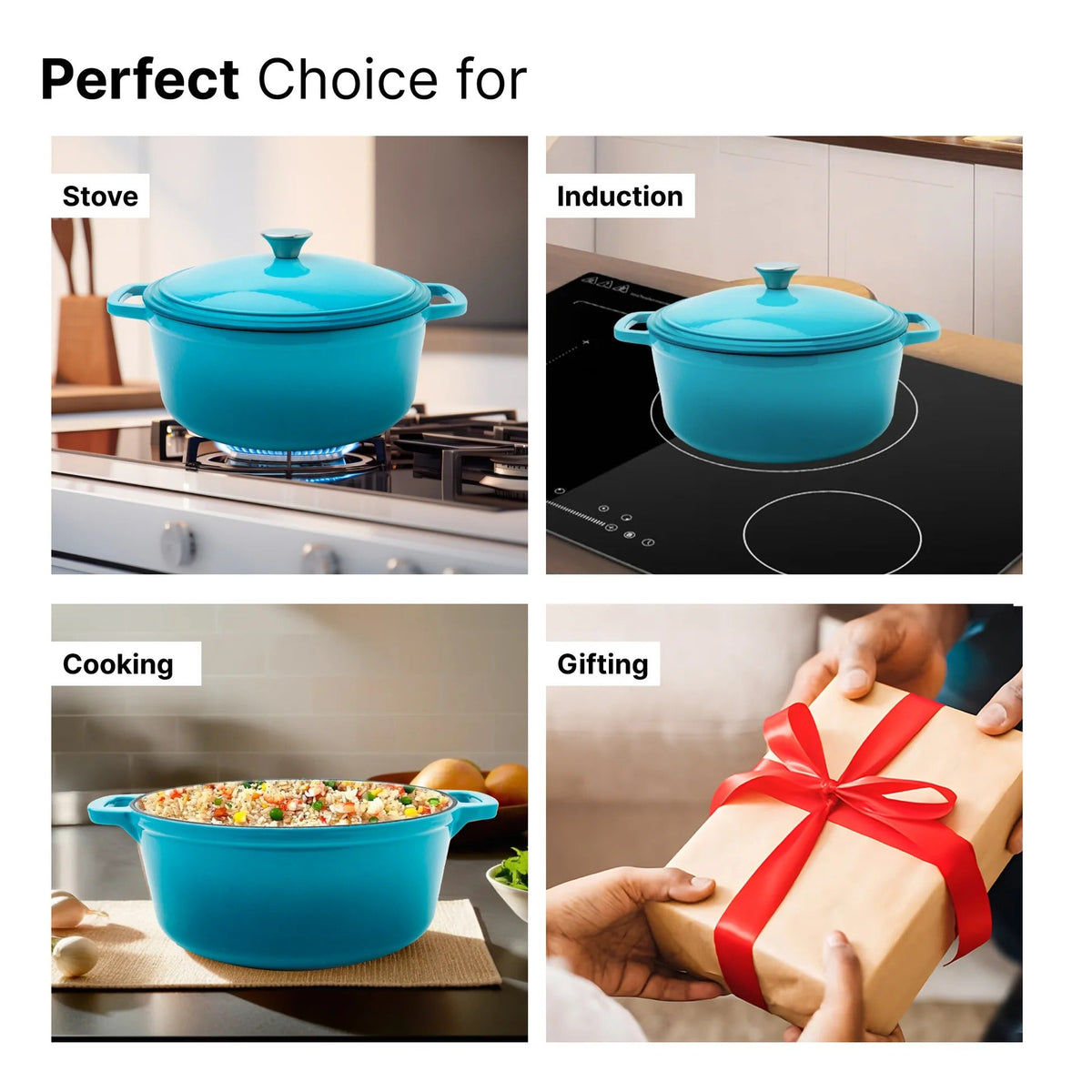 UMAI Enameled Cast Iron Dutch Oven 5L Silicon Handles Biryani Handi Heavy Bottom Gas Induction Blue