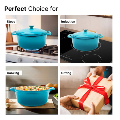 UMAI Enameled Cast Iron Dutch Oven 5L Silicon Handles Biryani Handi Heavy Bottom Gas Induction Blue