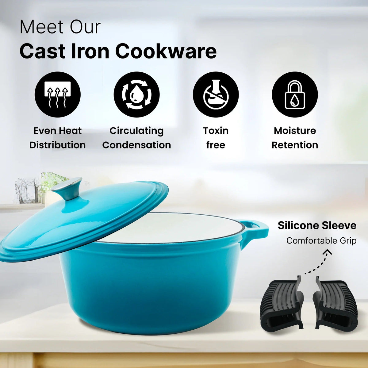 UMAI Cast Iron Dutch Oven 3.5L Biryani Handi Heavy Bottom Induction Rice Pot Silicon Sleeve Blue