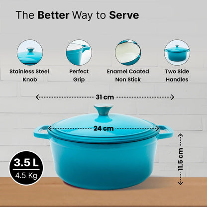 UMAI Cast Iron Dutch Oven 3.5L Biryani Handi Heavy Bottom Induction Rice Pot Silicon Sleeve Blue
