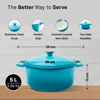 UMAI Enameled Cast Iron Dutch Oven 5L Silicon Handles Biryani Handi Heavy Bottom Gas Induction Blue
