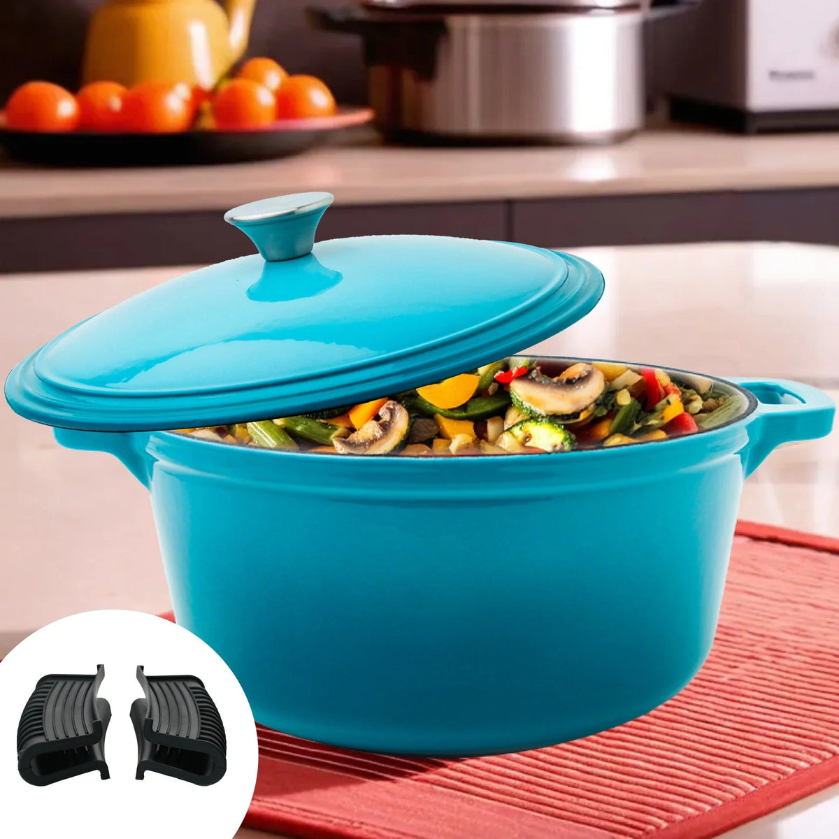UMAI Enameled Cast Iron Dutch Oven 5L Silicon Handles Biryani Handi Heavy Bottom Gas Induction Blue