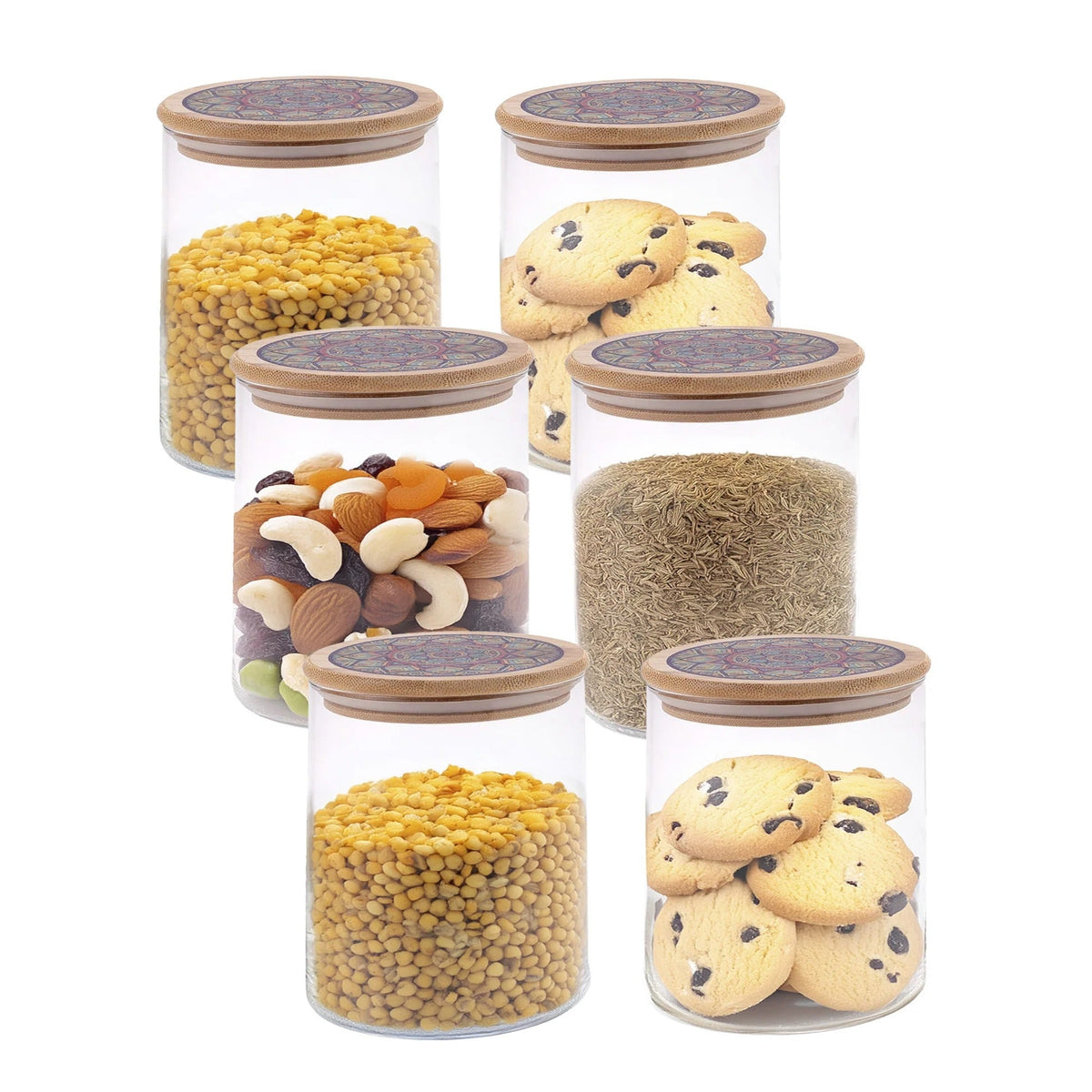 UMAI Pack of 6 Glass Kitchen Containers 300ml | Airtight | Printed Bamboo Lids
