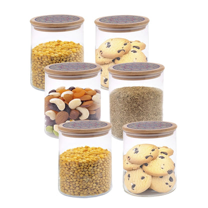 UMAI Pack of 6 Glass Kitchen Containers 300ml | Airtight | Printed Bamboo Lids