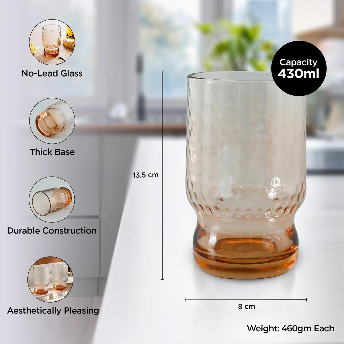 UMAI Set of 2: Lead-Free Amber Juice Glasses | 430ml | Stylish & Versatile