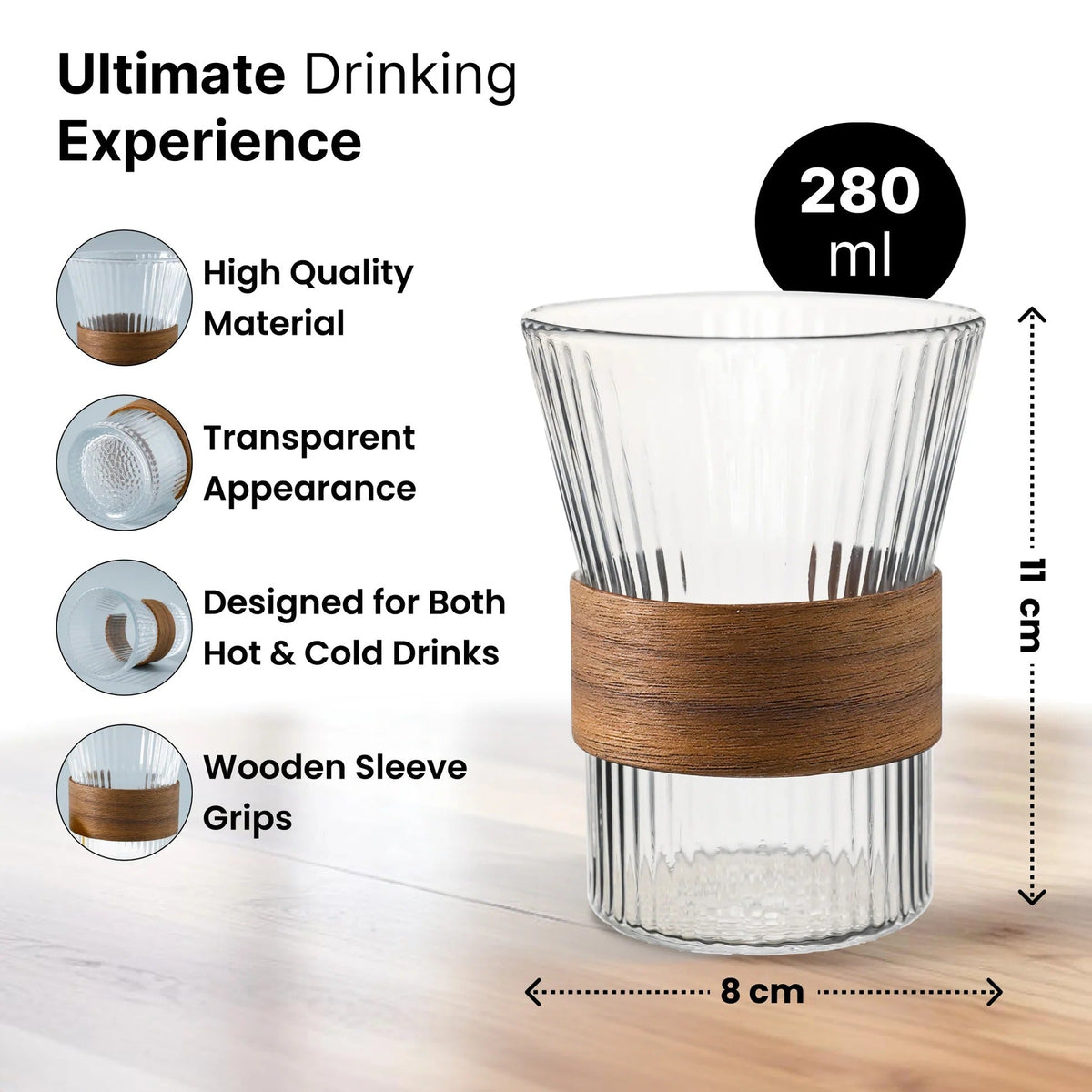 UMAI Set of 2: Lead-Free Glass Tea Cups with Bamboo Sleeve | 280ml