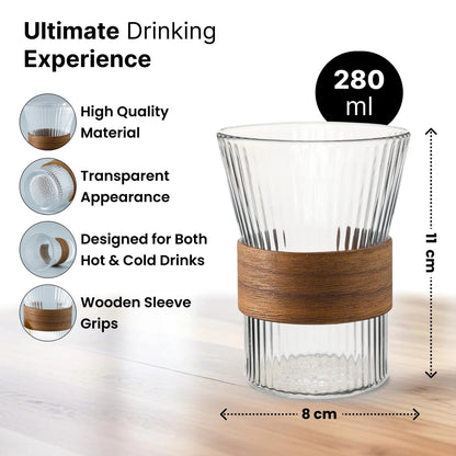 UMAI Glass Tea and Coffee Mugs Set of 4 (280ml) | Wooden Sleeves