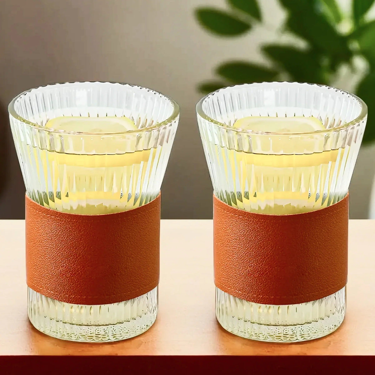 UMAI Glass Tea and Coffee Mugs Pack of 2 (280ml) | Leather Sleeves