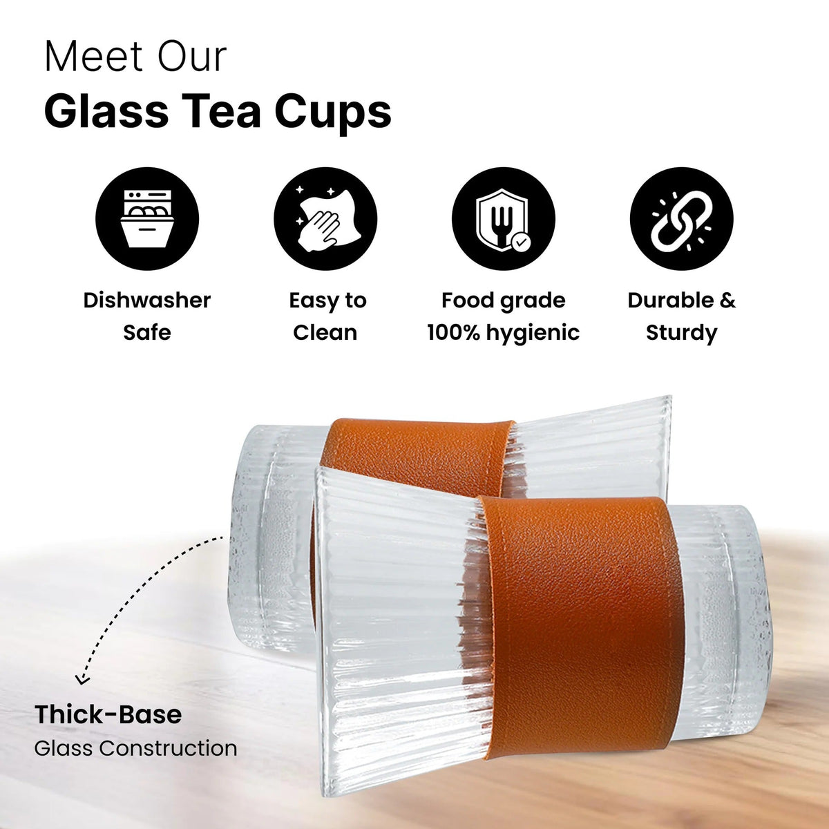 UMAI Glass Tea and Coffee Mugs Pack of 2 (280ml) | Leather Sleeves