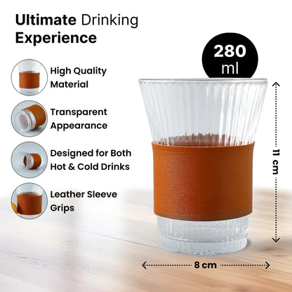 UMAI Glass Tea and Coffee Mugs Pack of 2 (280ml) | Leather Sleeves