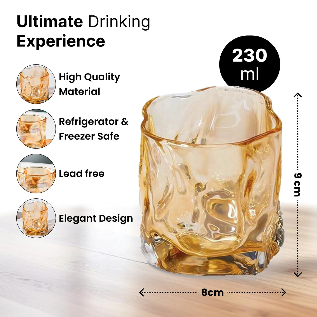 UMAI Whiskey Glasses Set of 2 (230ml) | Lead Free | Heavy Bottom | Amber