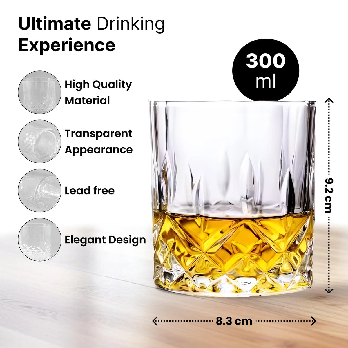 UMAI Whiskey Glasses Set of 2 (300ml) | Heavy Bottom | Lead Free | Crystal Clear