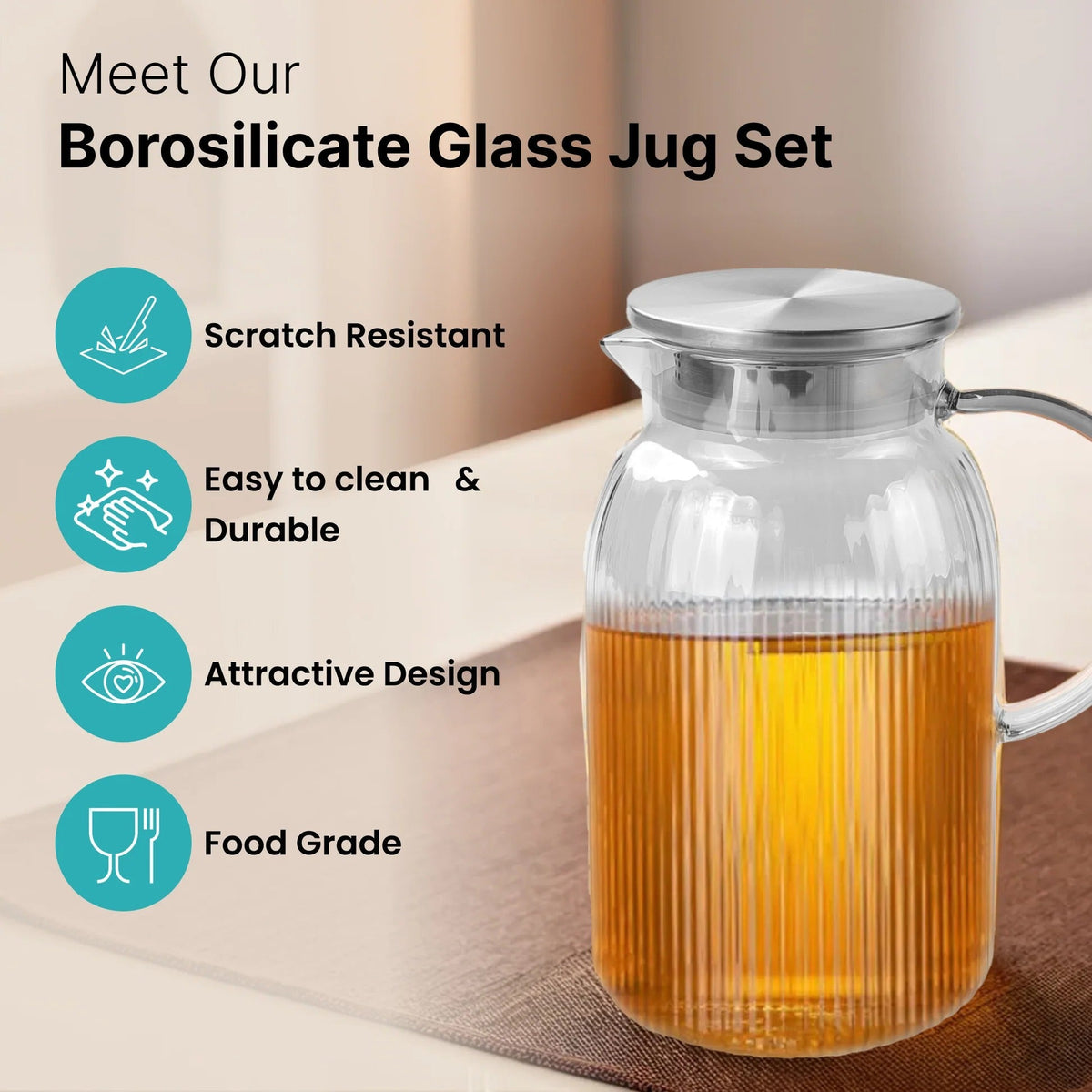 UMAI Borosilicate Jug Set Jug 1600ml + 4 Glasses 260ml Glass Water Jug with Lid Designer