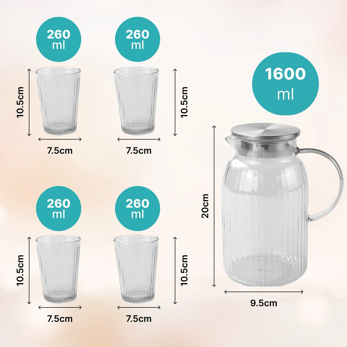 UMAI Borosilicate Jug Set Jug 1600ml + 4 Glasses 260ml Glass Water Jug with Lid Designer