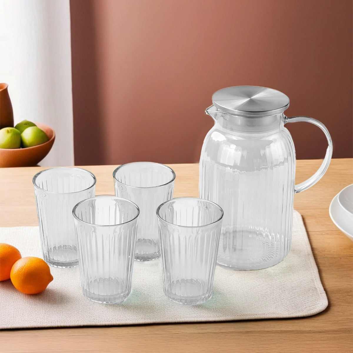 UMAI Borosilicate Jug Set Jug 1600ml + 4 Glasses 260ml Glass Water Jug with Lid Designer