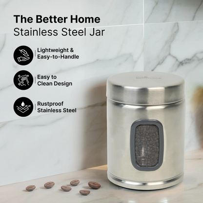 Pack of 6 Stainless Steel Kitchen Storage Jars with See-Through Panel | 1000ml Each | Airtight