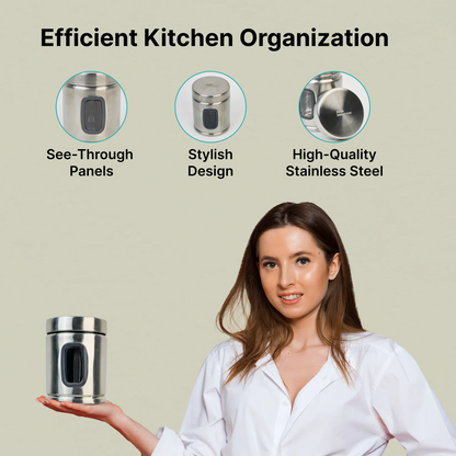 Pack of 6 Stainless Steel Kitchen Storage Jars with See-Through Panel | 1000ml Each | Airtight