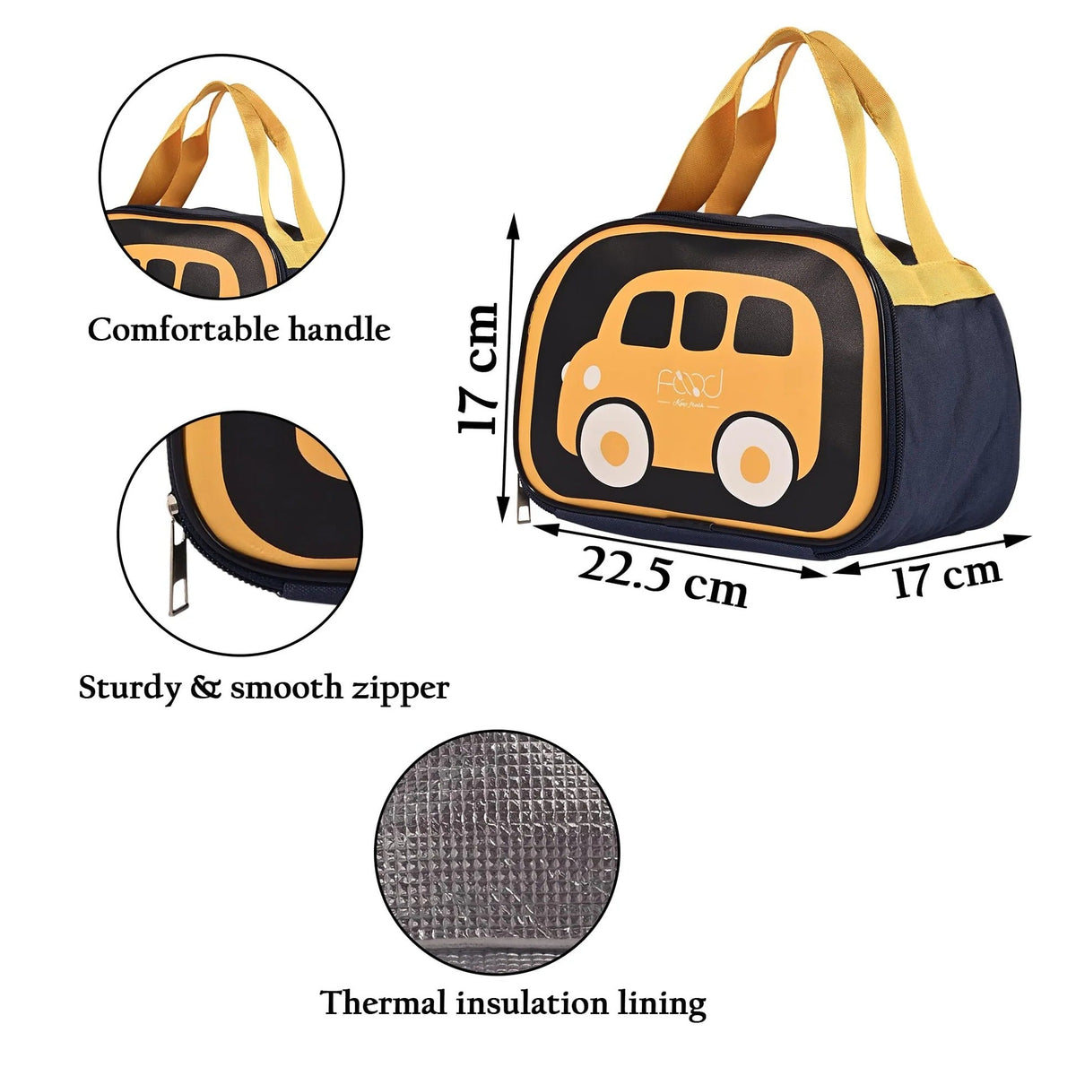 Homestic Insulated Kids Lunch Bag | Navy Blue Car Design | 1 Bag