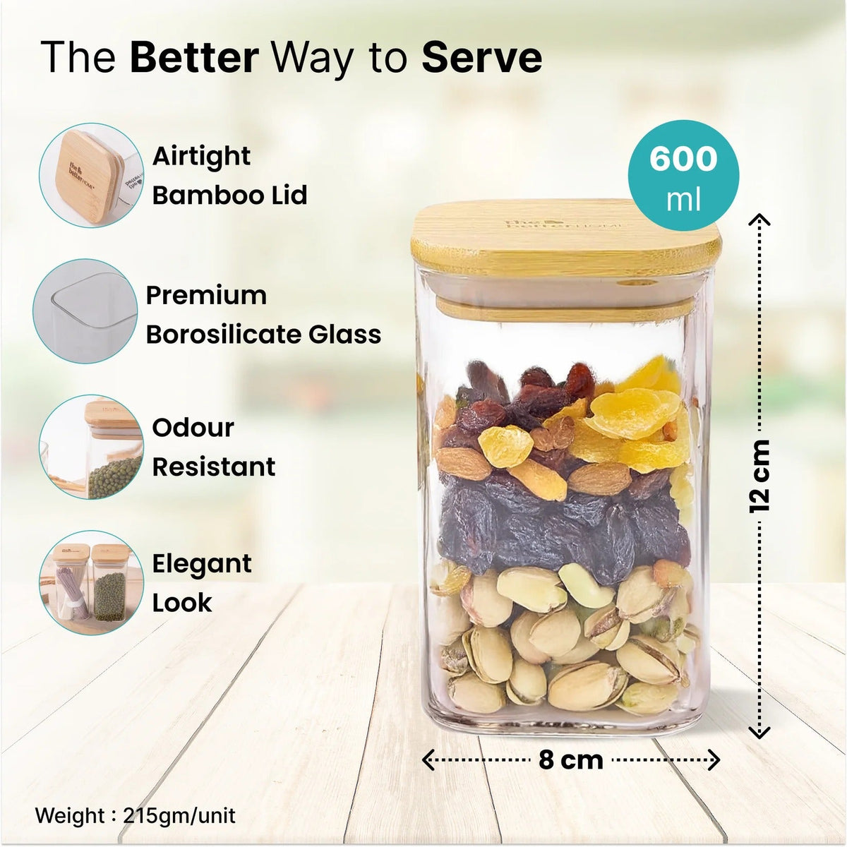 Pack of 6 Borosilicate Glass Kitchen Storage Jars with Bamboo Lids | 600ml | Food Safe | Transparent