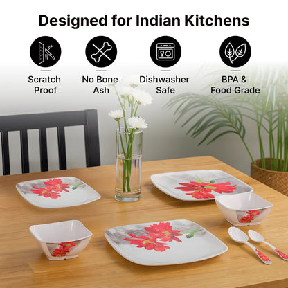 Melamine Dinner Set Pack of 12 Floral Design Serves 4 Red White