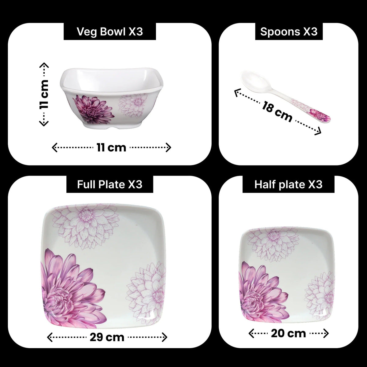 Melamine Dinner Set Pack of 12 Floral 4 Serving Pieces Pink White
