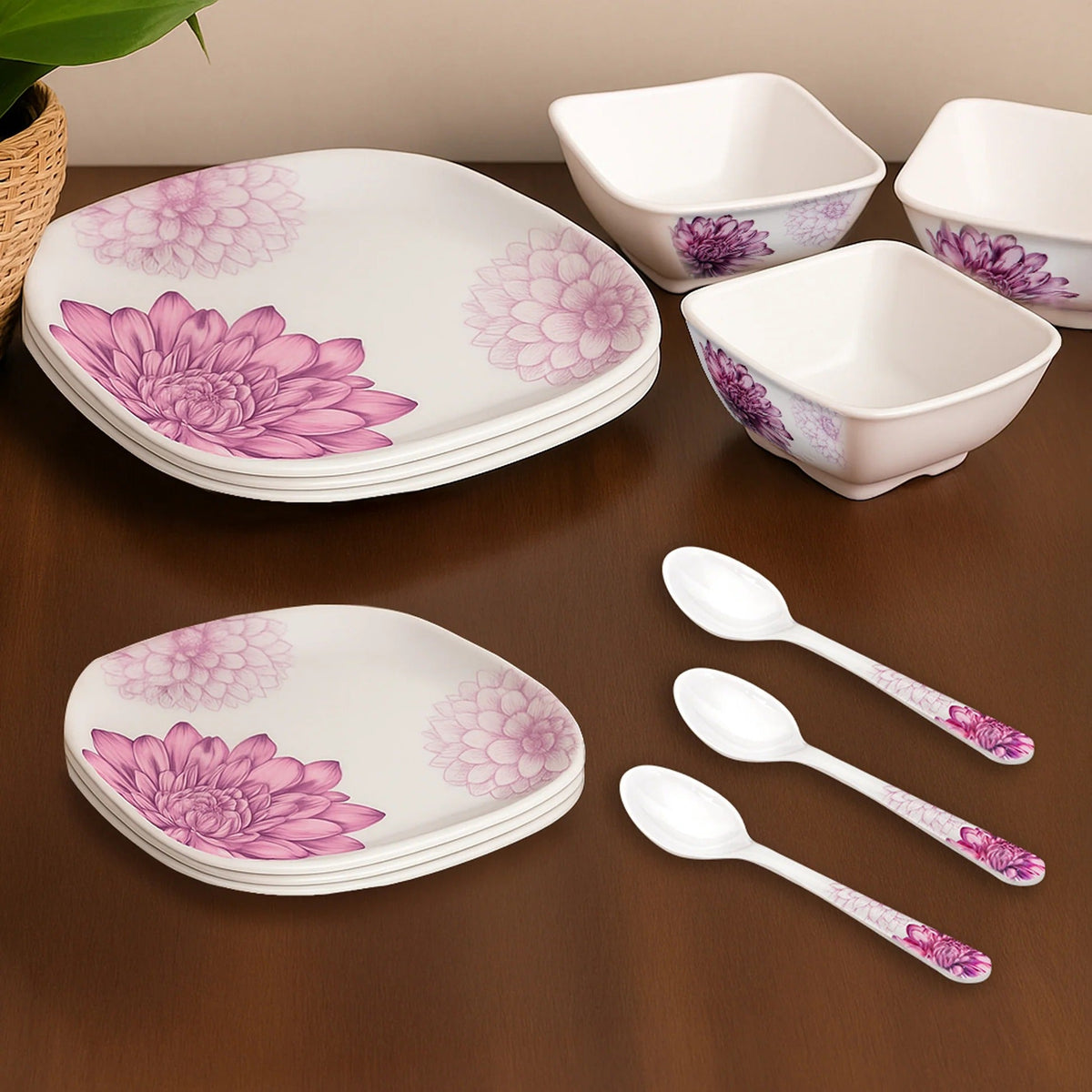 Melamine Dinner Set Pack of 12 Floral 4 Serving Pieces Pink White