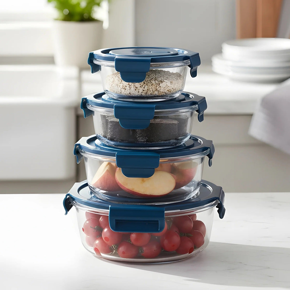UMAI Borosilicate Glass Containers Set of 4 | Round | 420ml 660ml 950ml 1300ml | Airvent Lid