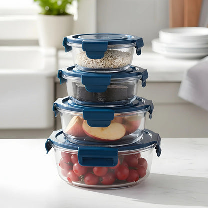UMAI Borosilicate Glass Containers Set of 4 | Round | 420ml 660ml 950ml 1300ml | Airvent Lid