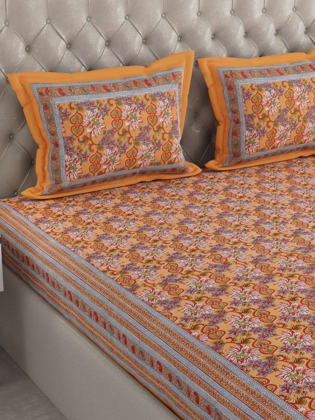 100% Pure Cotton Traditional Printed Bedsheet for Double Bed King Size Bedsheet with 2 Pillow Covers