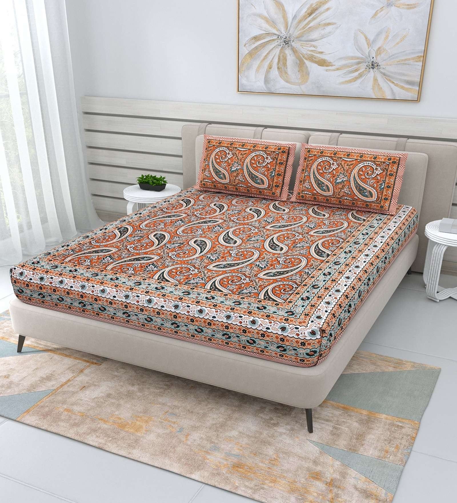 100% Pure Cotton Traditional Printed Bedsheet for Double Bed King Size Bedsheet with 2 Pillow Covers