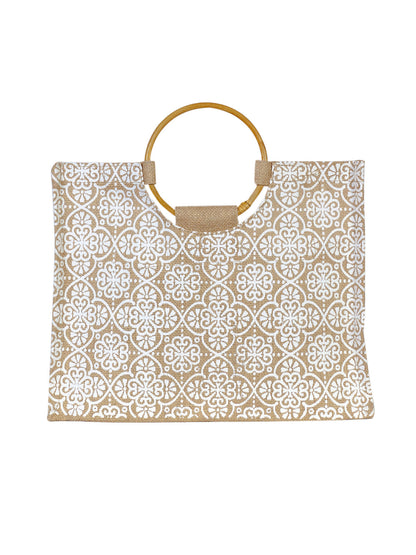 Jute Cottage Mughal Print Lunch Bag Cane Handle 100% Genuine Jute Bag