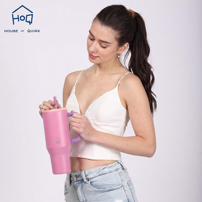 House of Quirk 1200ML Tumbler with Handle - Pink Dahlia