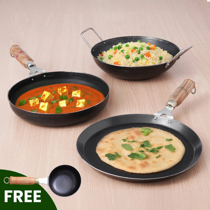 The Indus Valley Iron Cooking Set of 3 Kadai (25.4cm)+ Tawa(26.3cm)+Fry Pan (25.4cm)