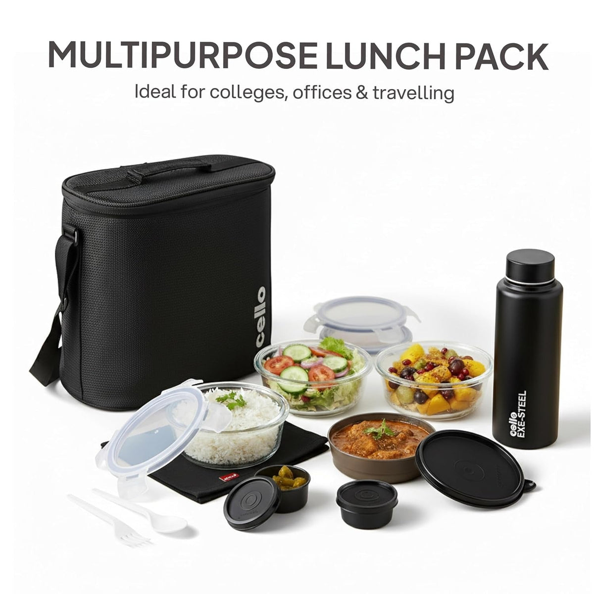 CELLO MF Glassy Pro Lunch Box with Jacket For Office, Black