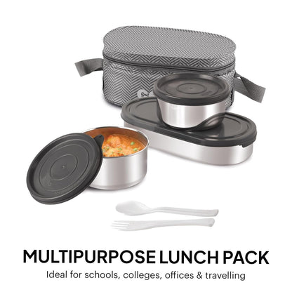 CELLO Bite Buddy Deluxe Set of 3 Pcs Stainless Steel Lunch Box with Bag