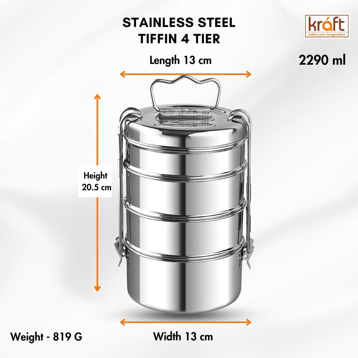 Kraft Stainless Steel Lunch Box with Handle - 2290 Ml