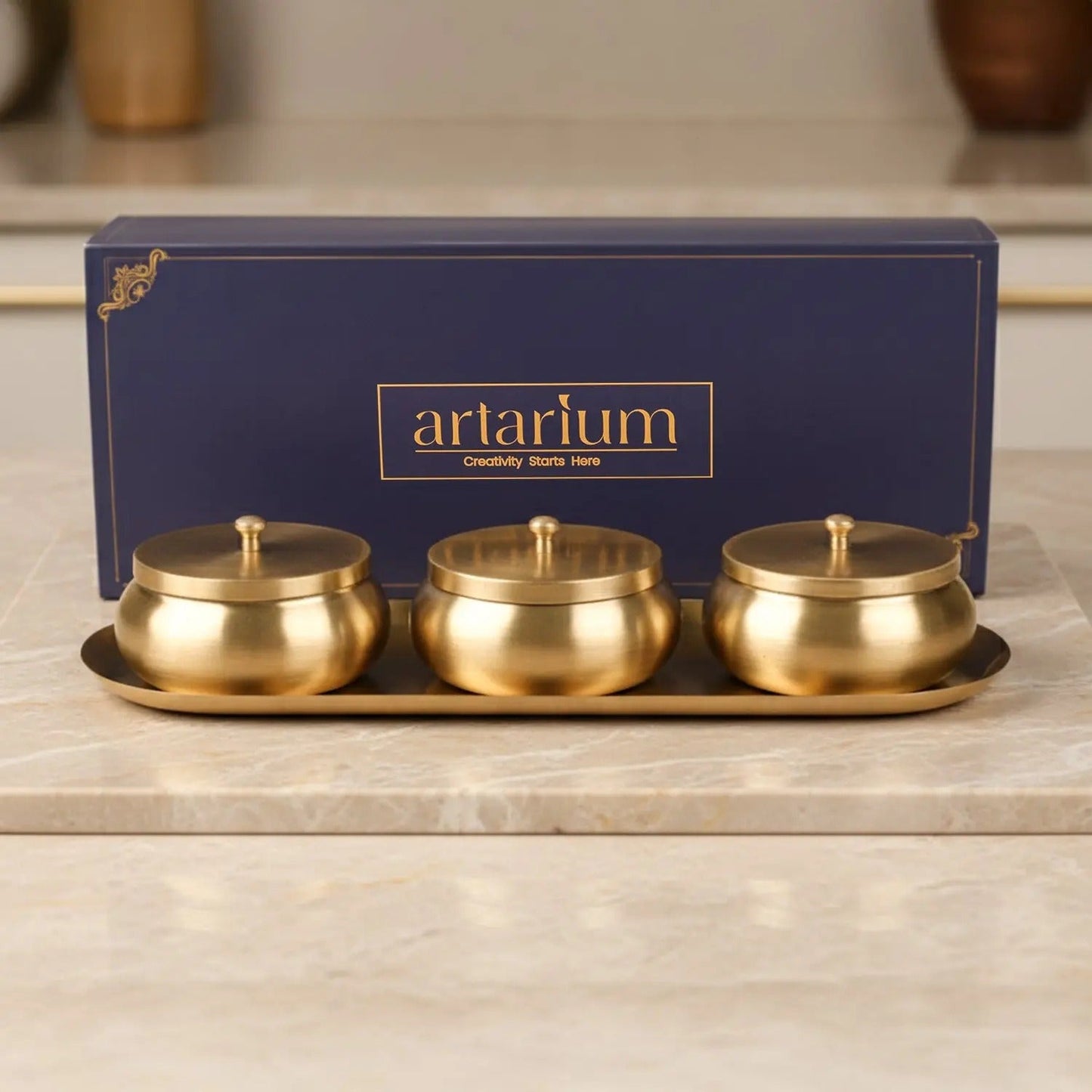 Artarium Brass Nut Bowl Set of 3 with Lids and Tray