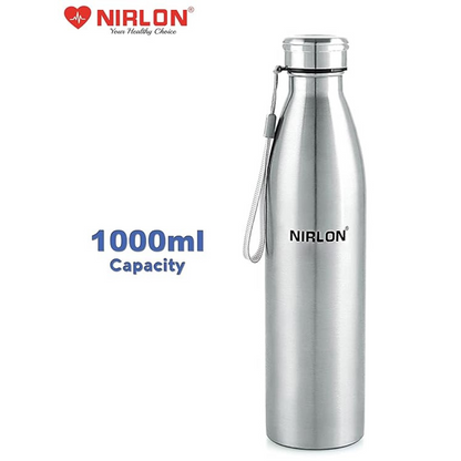Nirlon Stainless Steel Single Wall Plain Water Bottle With String | Fridge Refrigerator Bottle - 1000 ml