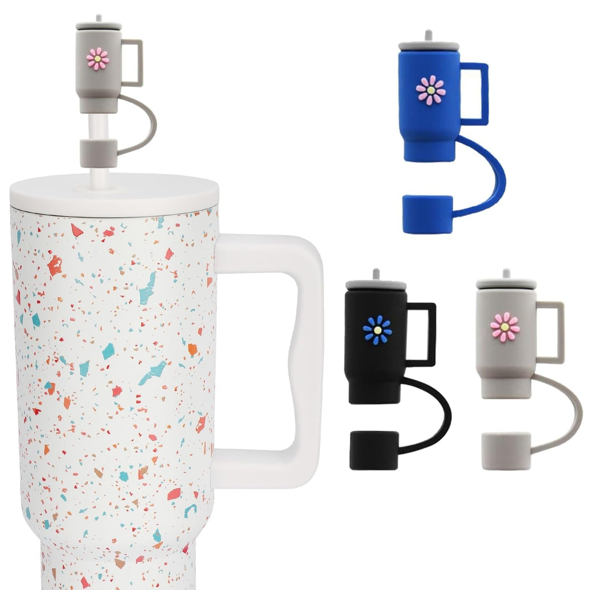 House of Quirk 3PCS Silicone Straw Covers Cap - (Black/Grey/Blue)