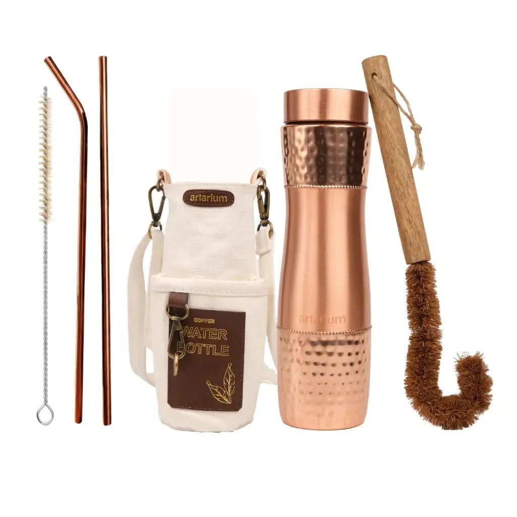 Artarium Hammered Copper Sipper Bottle Complete Kit with Cups and Straw