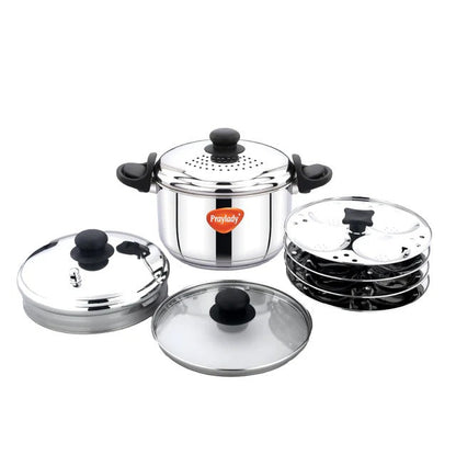 PrayLady Strainer Pro Max 4.2L 304 Grade SS Multi-Purpose Pot with Glass Lid Triply Bottom Idli Cooker 4 Plates Induction Gas