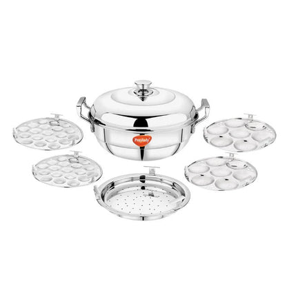 PrayLady Triplus Triply SS Multi Kadai 5 Plates (2 Idli+2 Mini Idli+1 Steamer) Induction Gas