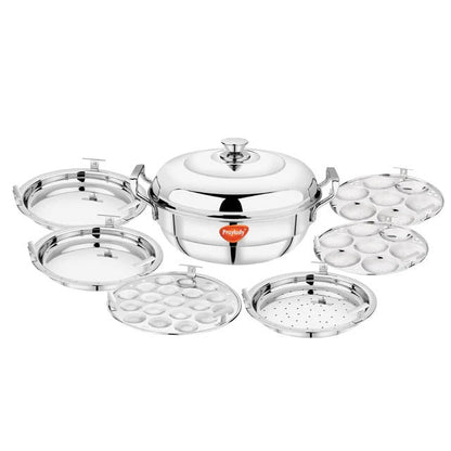 PrayLady Triplus Triply SS Multi Kadai 6 Plates (2 Idli+2 Dhokla+1 Mini Idli+1 Steamer) Induction Gas
